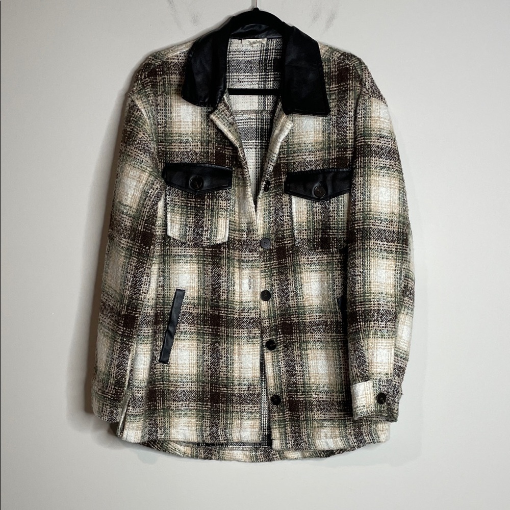 Le Miel | Women’s Plaid Oversized Shacket Vegan Leather Details Size Medium